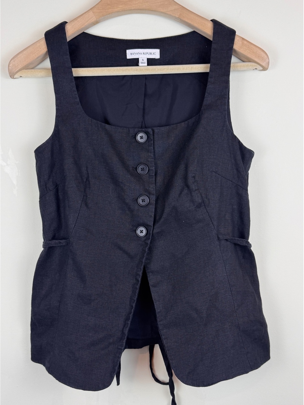 Banana Republic 100% Linen Long Vest Black Size 6 Square Neck Tie Back Y2K - Picture 3 of 10
